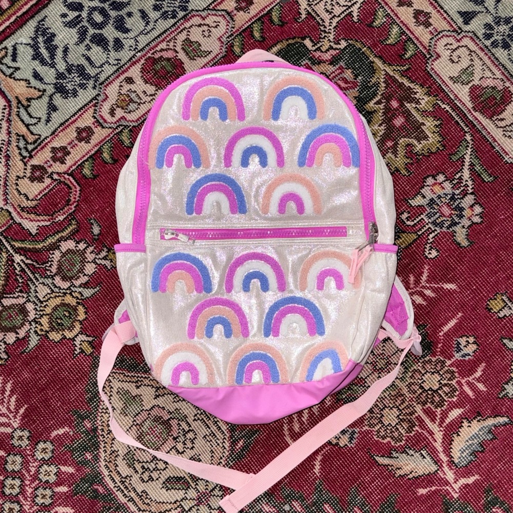 Cat & Jack Rainbow Backpack Kids One Size Pink Silver Good Chenille Patch